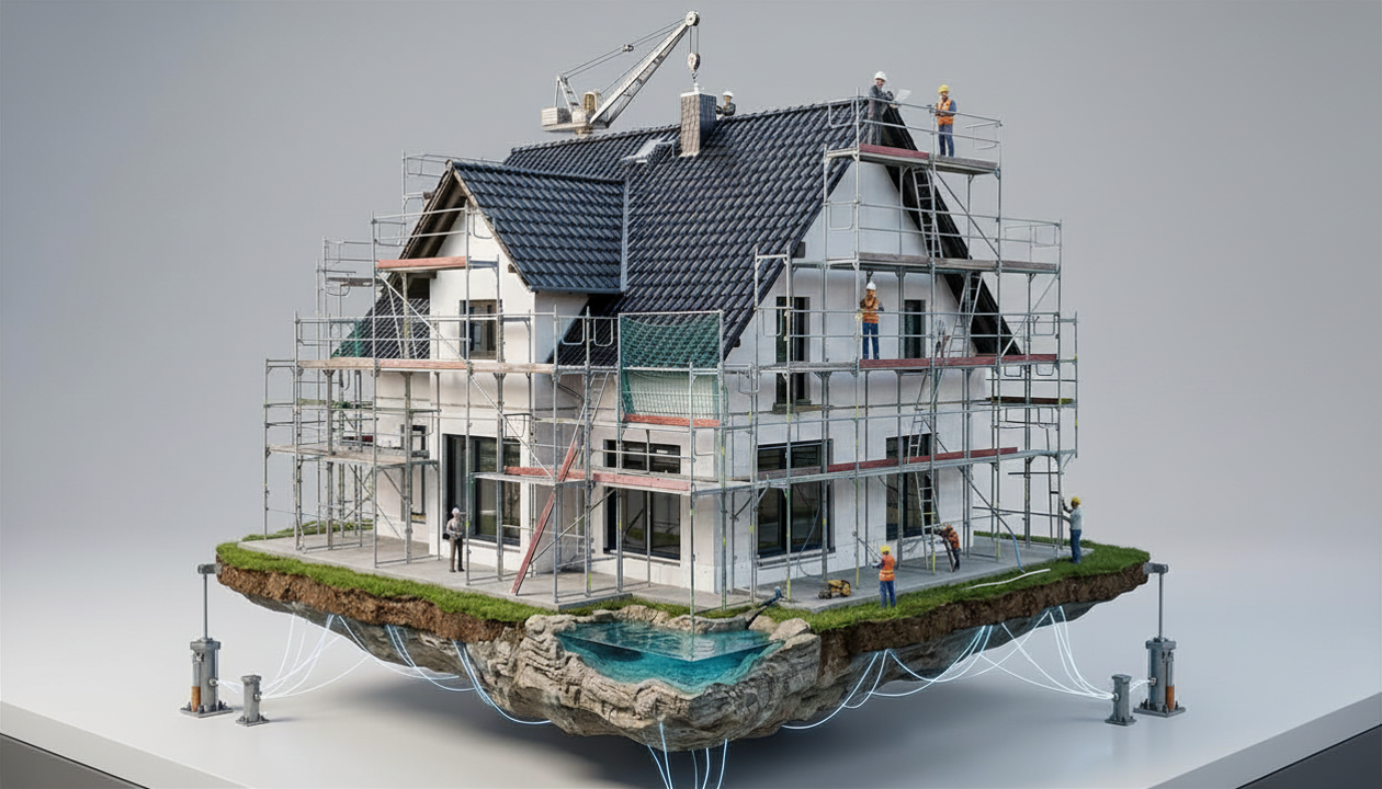 Exterior remodeling project with luxury home construction scaffolding
